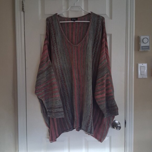 Ulla Popken Women's Size 32/34 Pink Brown Stripe Light Knit Poncho Style Sweater - Picture 2 of 11